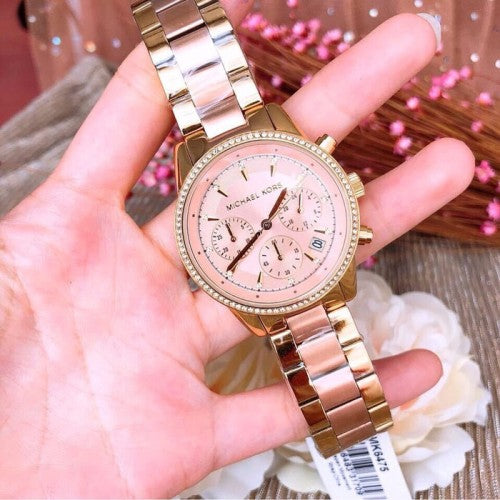  Shop Authentic Michael Kors Ritz Chronograph Rose Dial Two Tone Steel Strap Watch for Women - MK6475 - Luxxuri
