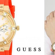  Shop Authentic Guess Jet Setter Golden Dial Orange Rubber Watch For Women - W0564L2 - Luxxuri