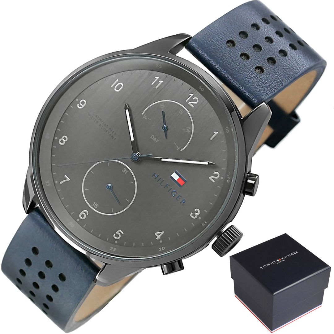  Shop Authentic Tommy Hilfiger Chase Grey Dial Blue Leather Strap Watch for Men - 1791578 - Luxxuri