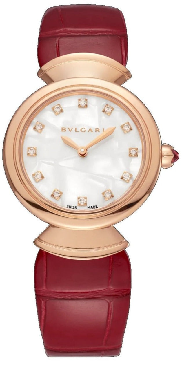 Shop Authentic Bvlgari Divas Dream Diamonds Mother of Pearl Dial Red Leather Strap Watch for Women - DREAM102840 - Luxxuri
