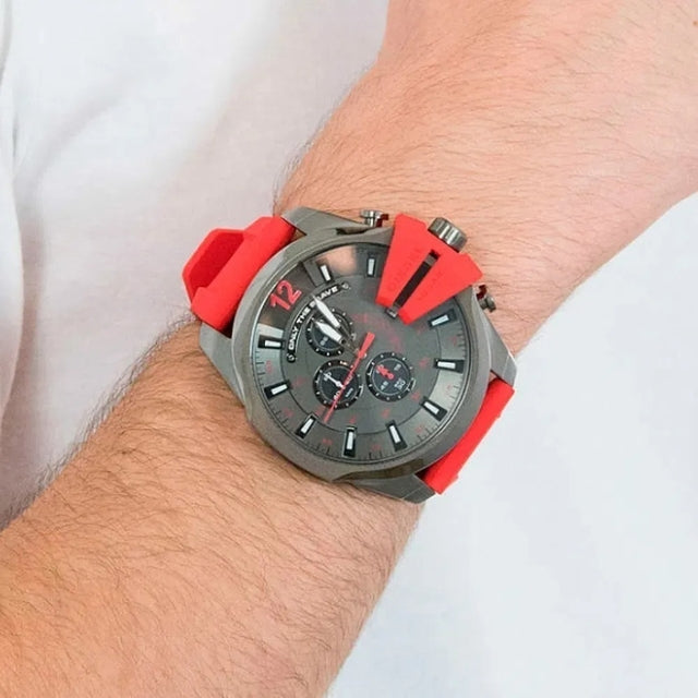  Shop Authentic Diesel Mega Chief Chronograph Black Dial Red Silicone Strap Watch For Men - DZ4427 - Luxxuri
