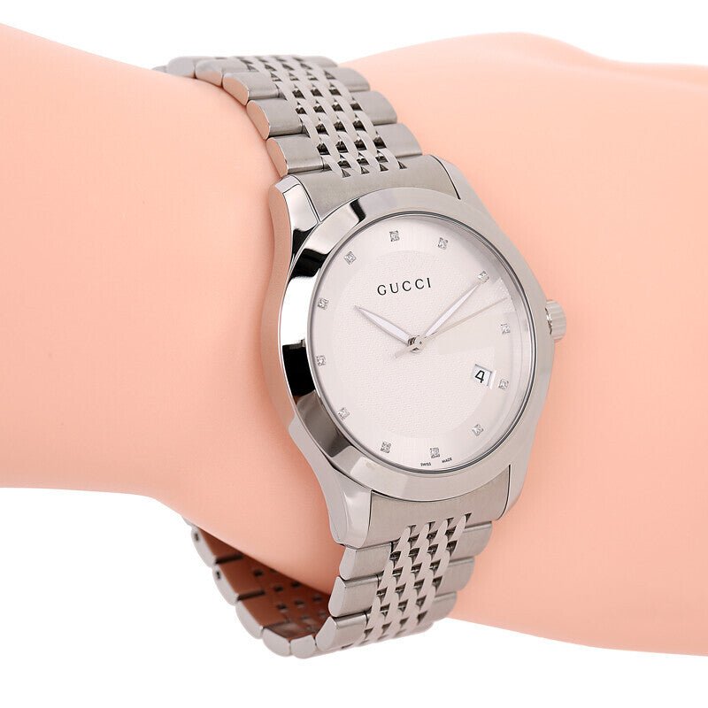  Shop Authentic Gucci G Timeless Diamonds Silver Dial Silver Steel Strap Watch For Men - YA126404 - Luxxuri