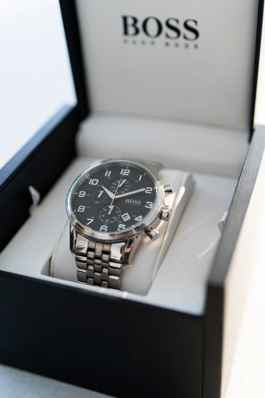  Shop Authentic Hugo Boss Aeroliner Chronograph Quartz Black Dial Silver Steel Strap Watch For Men - HB1512446 - Luxxuri
