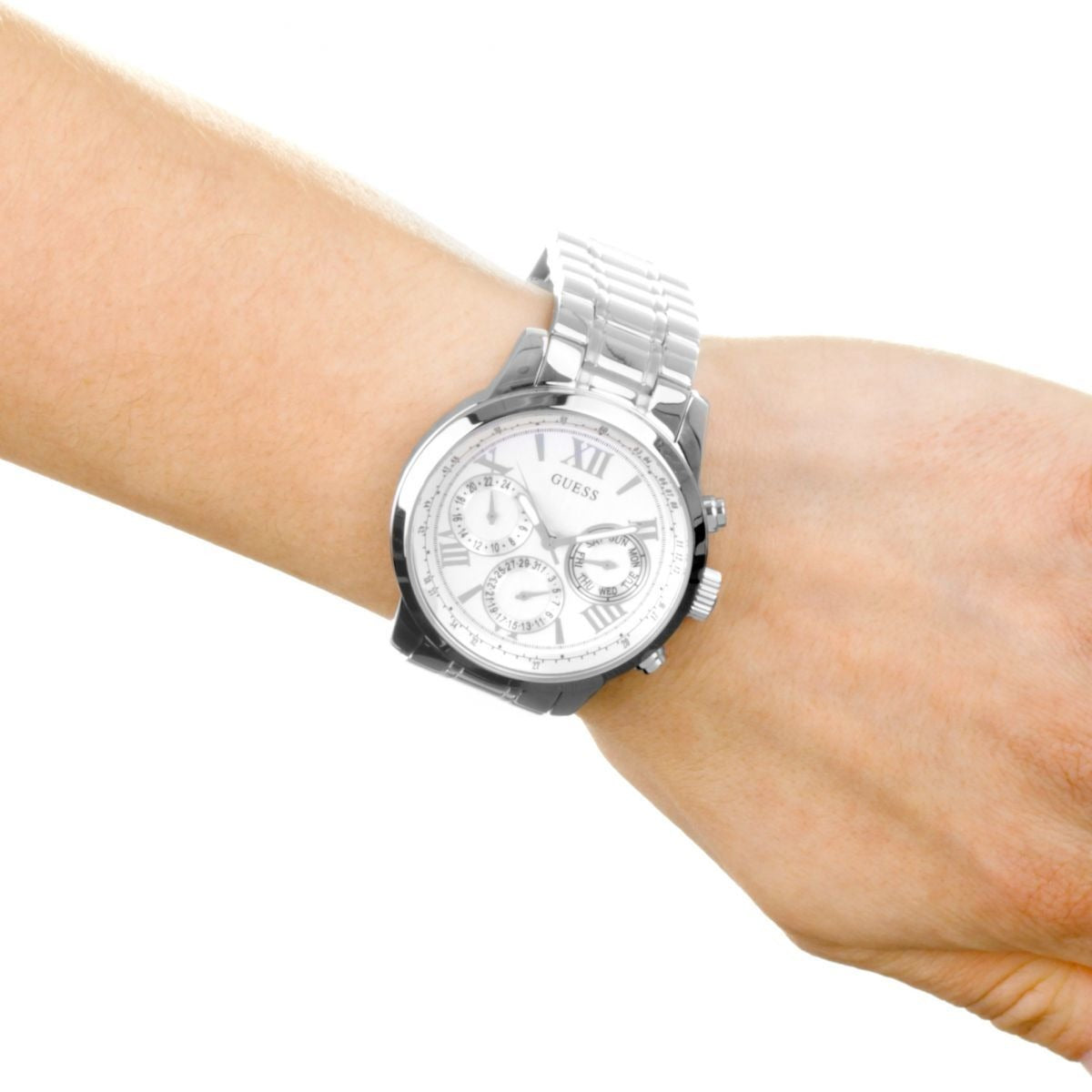  Shop Authentic Guess Sunrise Multifunction Quartz White Dial Silver Steel Strap Watch For Women - W0330L3 - Luxxuri