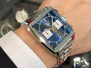  Shop Authentic Tag Heuer Monaco Automatic Chronograph Blue Dial Silver Steel Strap Watch for Men - CBL2111.BA0644 - Luxxuri