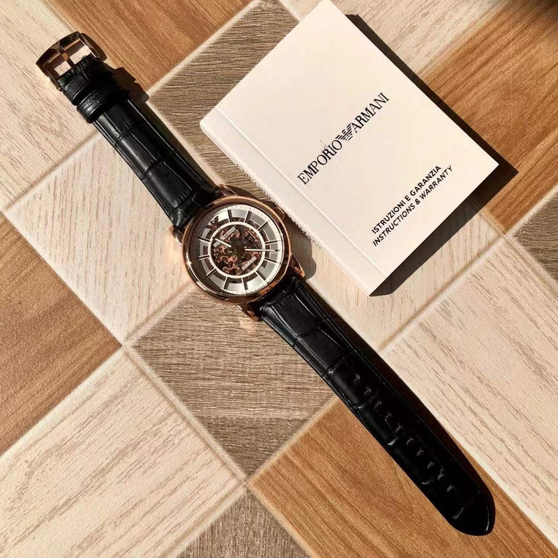  Shop Authentic Emporio Armani Luigi Skeleton Silver Dial Black Leather Strap Watch For Men - AR60007 - Luxxuri
