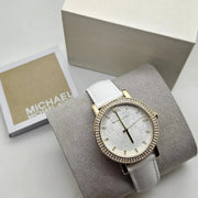  Shop Authentic Michael Kors Corey Three Hand White Dial White Leather Strap Watch For Women - MK2985 - Luxxuri