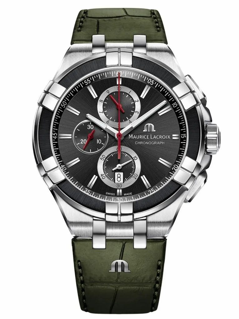  Shop Authentic Maurice Lacroix Aikon Chronograph Black Dial Green Leather Strap Watch for Men - AI1018-PVB21-330-1 - Luxxuri
