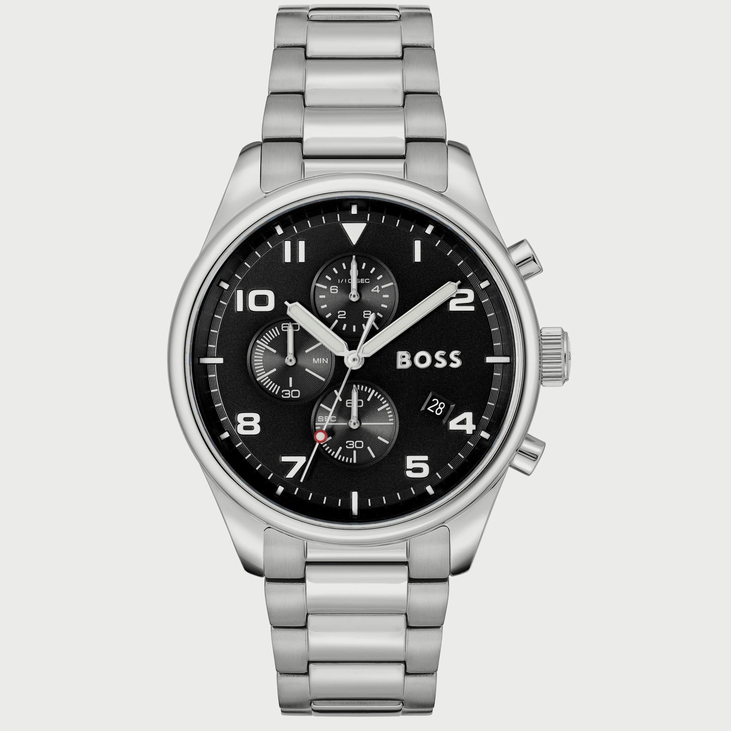  Shop Authentic Hugo Boss View Chronograph Black Dial Silver Steel Strap Watch For Men - 1514008 - Luxxuri