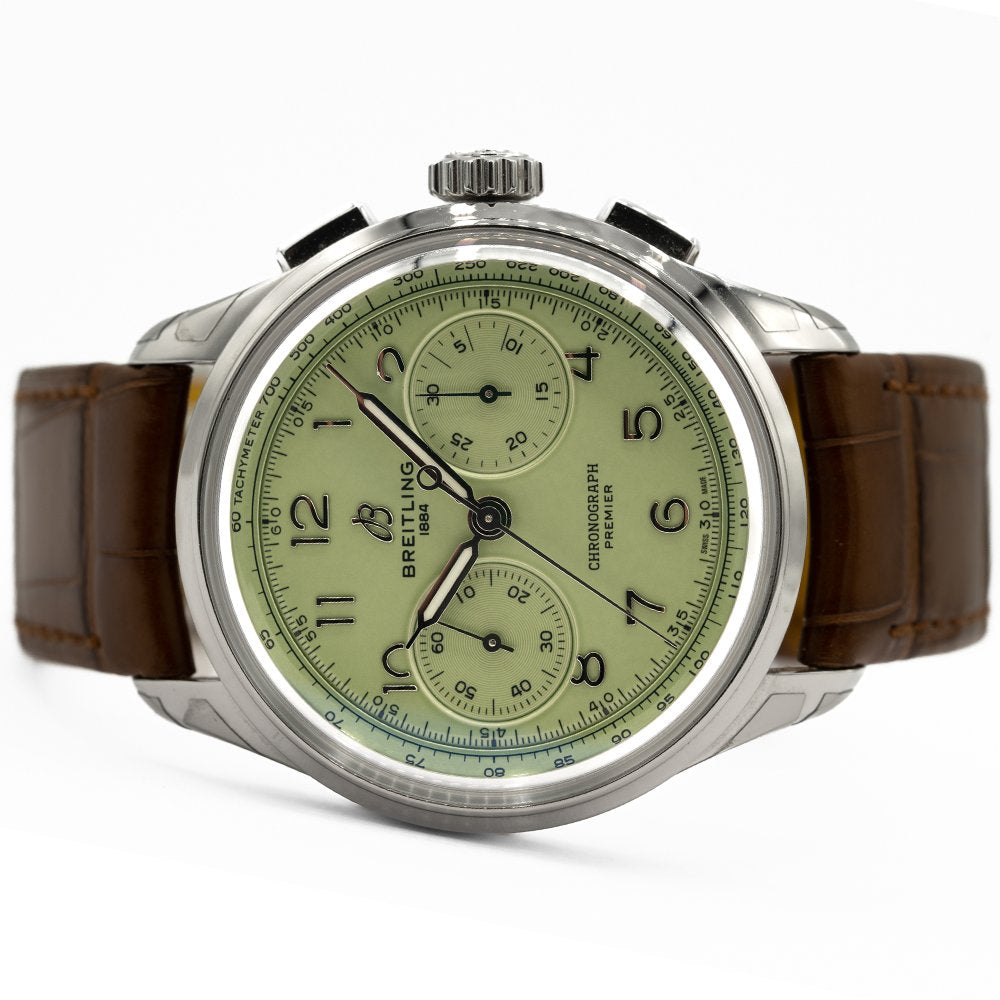  Shop Authentic Breitling Premier B09 Chronograph 40 Green Dial Brown Leather Strap Watch for Men - AB0930D31L1P1 - Luxxuri