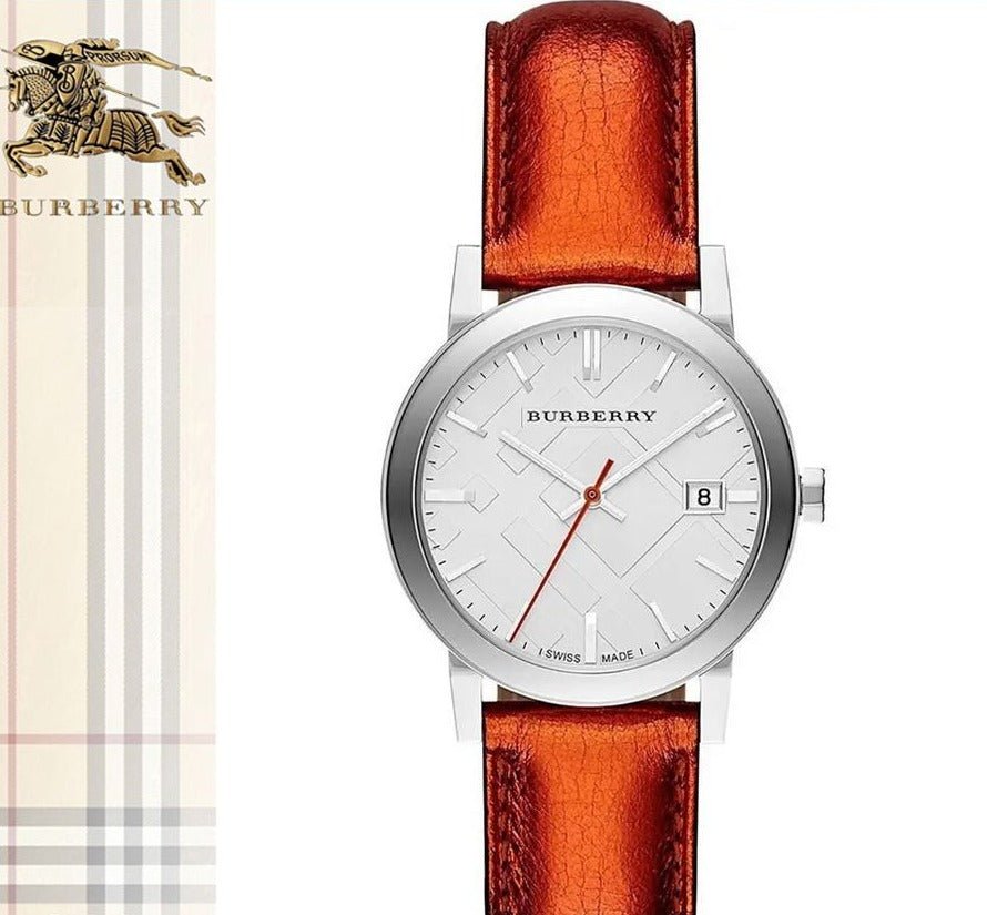  Shop Authentic Burberry The City Silver Dial Orange Leather Strap Watch for Women - BU9121 - Luxxuri