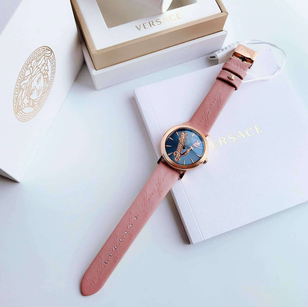  Shop Authentic Versace Virtus Quartz Grey Dial Pink Leather Strap Watch for Women - VEHC00319 - Luxxuri