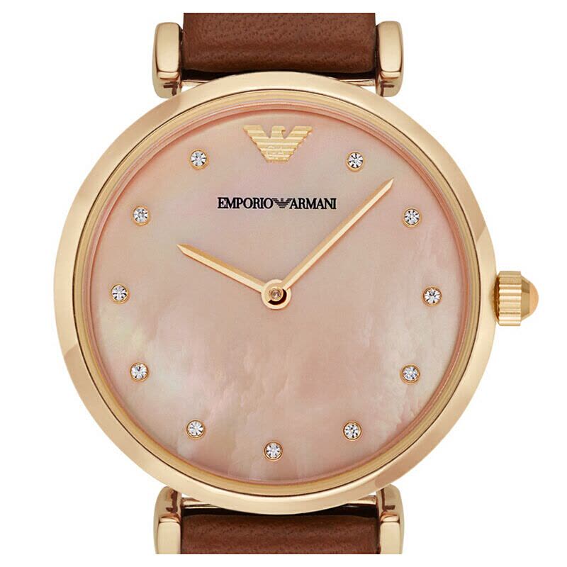  Shop Authentic Emporio Armani Gianni T Bar Quartz Pink Mother of Pearl Dial Brown Leather Strap Watch For Women - AR1960 - Luxxuri