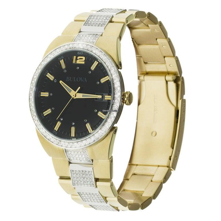  Shop Authentic Bulova Crystal Black Dial Two Tone Steel Strap Watch for Men - 98B235 - Luxxuri