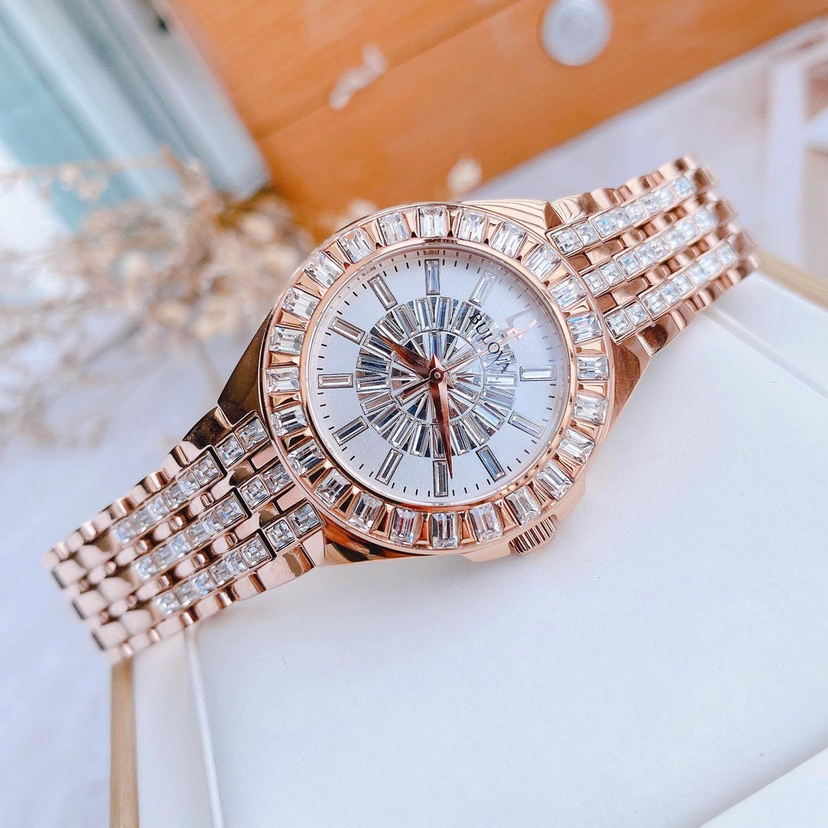  Shop Authentic Bulova Phantom White Dial with Swarovski Baguettes Rose Gold Steel Strap Watch for Women - 98L268 - Luxxuri