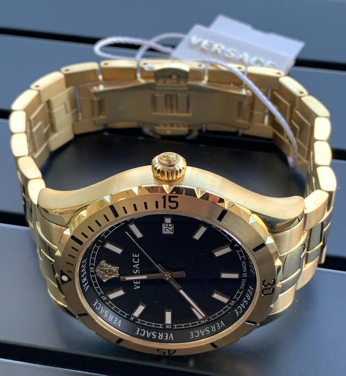  Shop Authentic Versace Hellenyium Quartz Black Dial Gold Steel Strap Watch For Men - VE3A00820 - Luxxuri