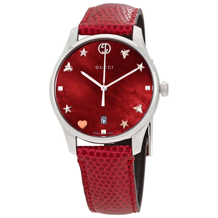  Shop Authentic Gucci G-Timeless Mother of Pearl Red Dial Red Leather Strap Watch For Women - YA1264041 - Luxxuri