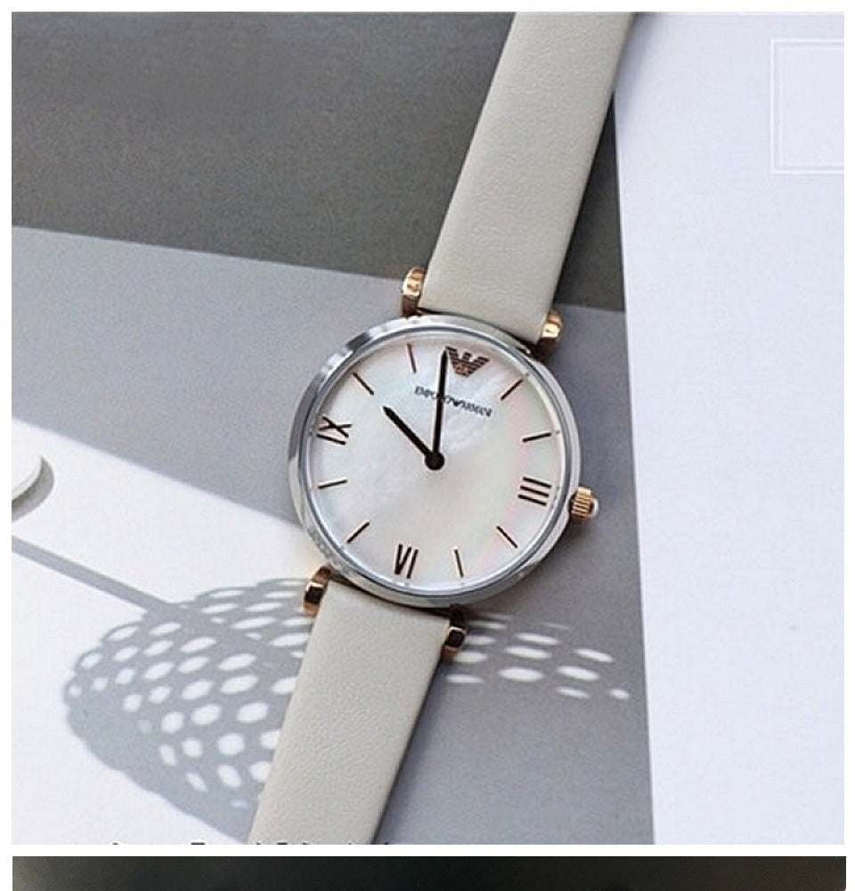  Shop Authentic Emporio Armani Gianni T Bar Quartz Mother of Pearl Dial White Leather Strap Watch For Women - AR1965 - Luxxuri