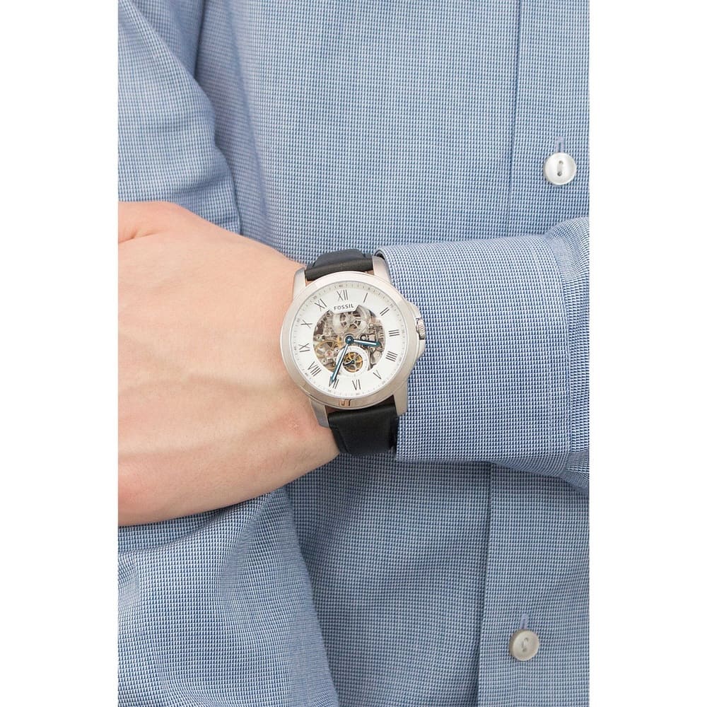  Shop Authentic Fossil Grant Skeleton White Dial Black Leather Strap Watch for Men -  ME3053 - Luxxuri