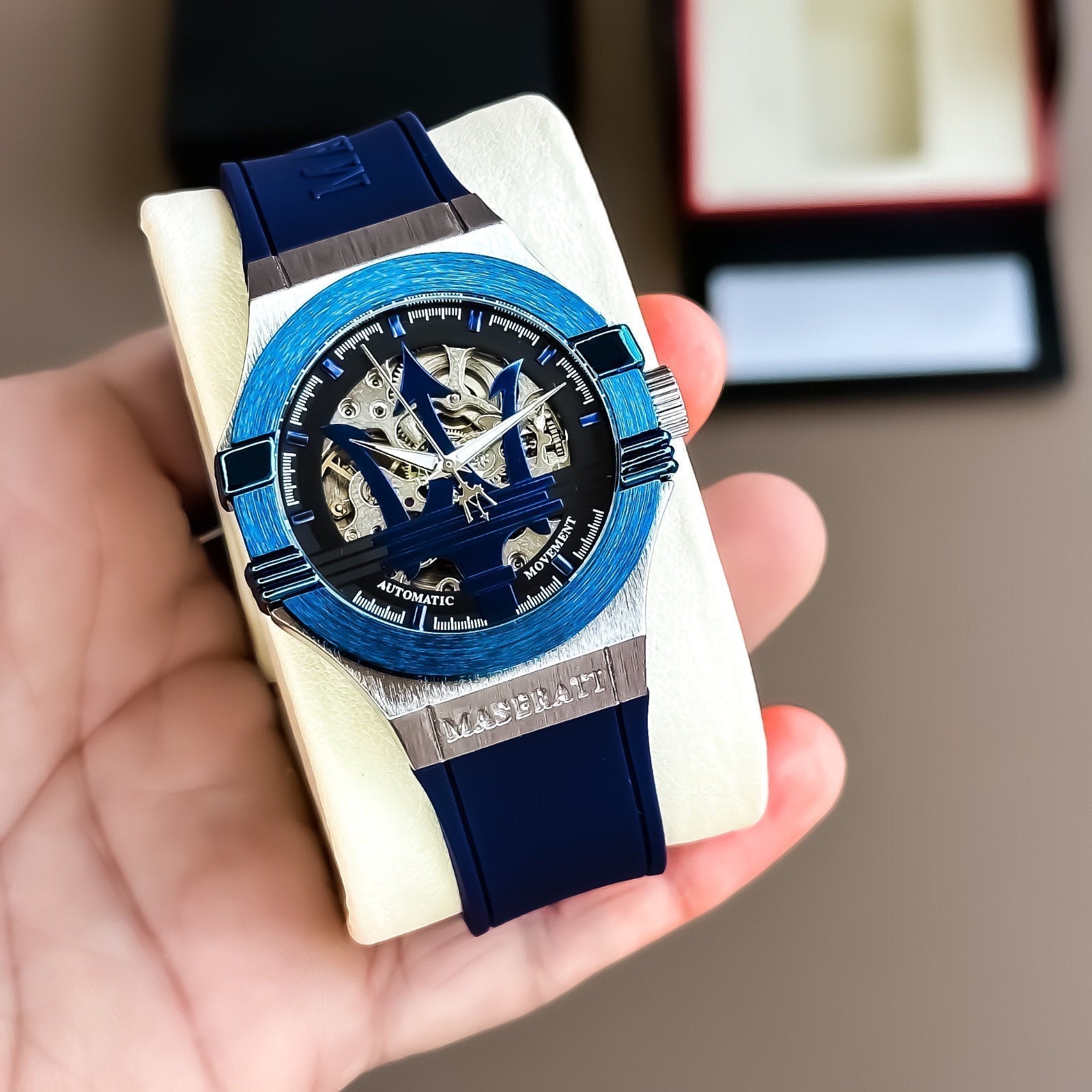  Shop Authentic Maserati Potenza Automatic Skeleton Dial Blue Rubber Strap Watch For Men - R8821108035 - Luxxuri