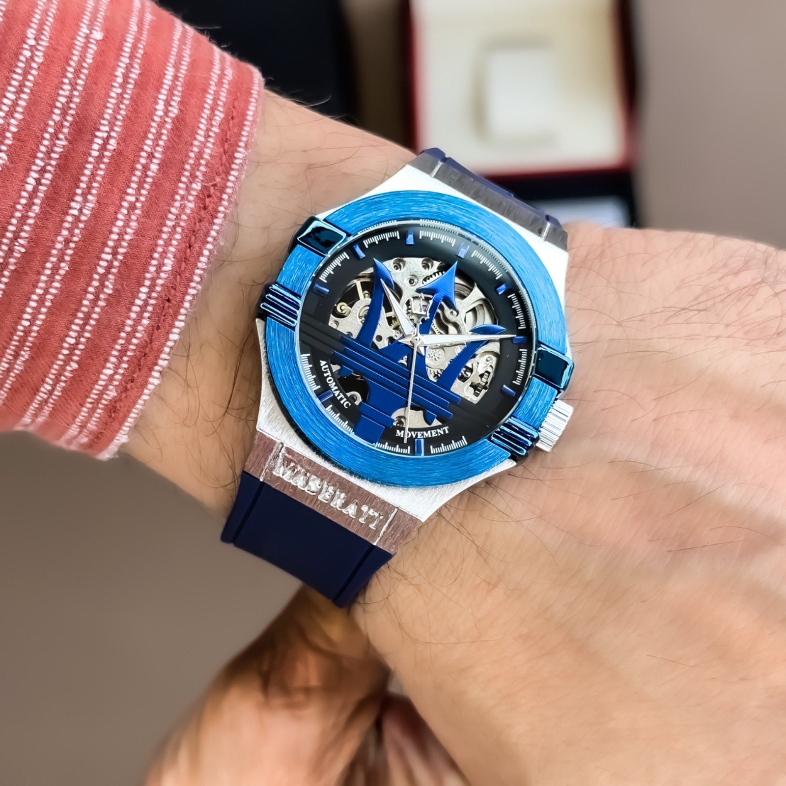  Shop Authentic Maserati Potenza Automatic Skeleton Dial Blue Rubber Strap Watch For Men - R8821108035 - Luxxuri