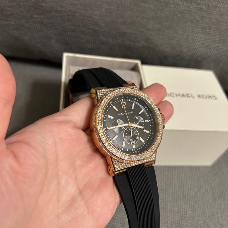  Shop Authentic Michael Kors Dylan Chronograph Black Dial Black Rubber Strap Watch For Women - MK8557 - Luxxuri