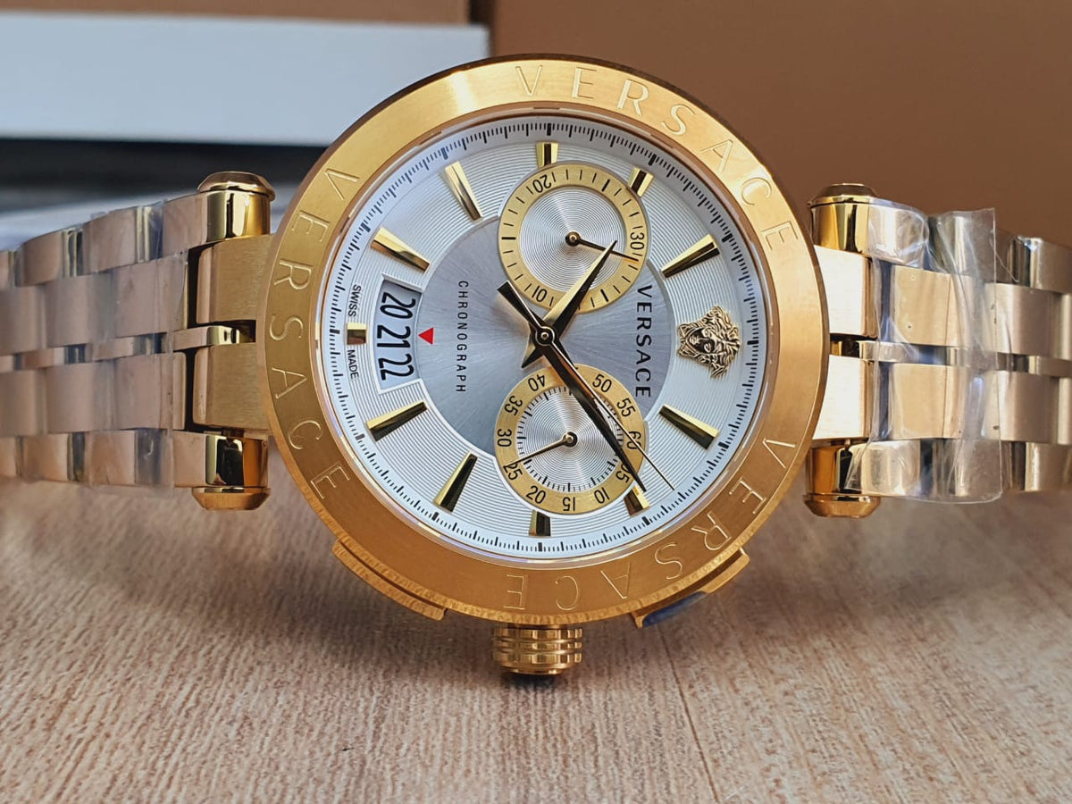  Shop Authentic Versace V Racer Chronograph White Dial Gold Steel Strap Watch for Men - VBR060017 - Luxxuri