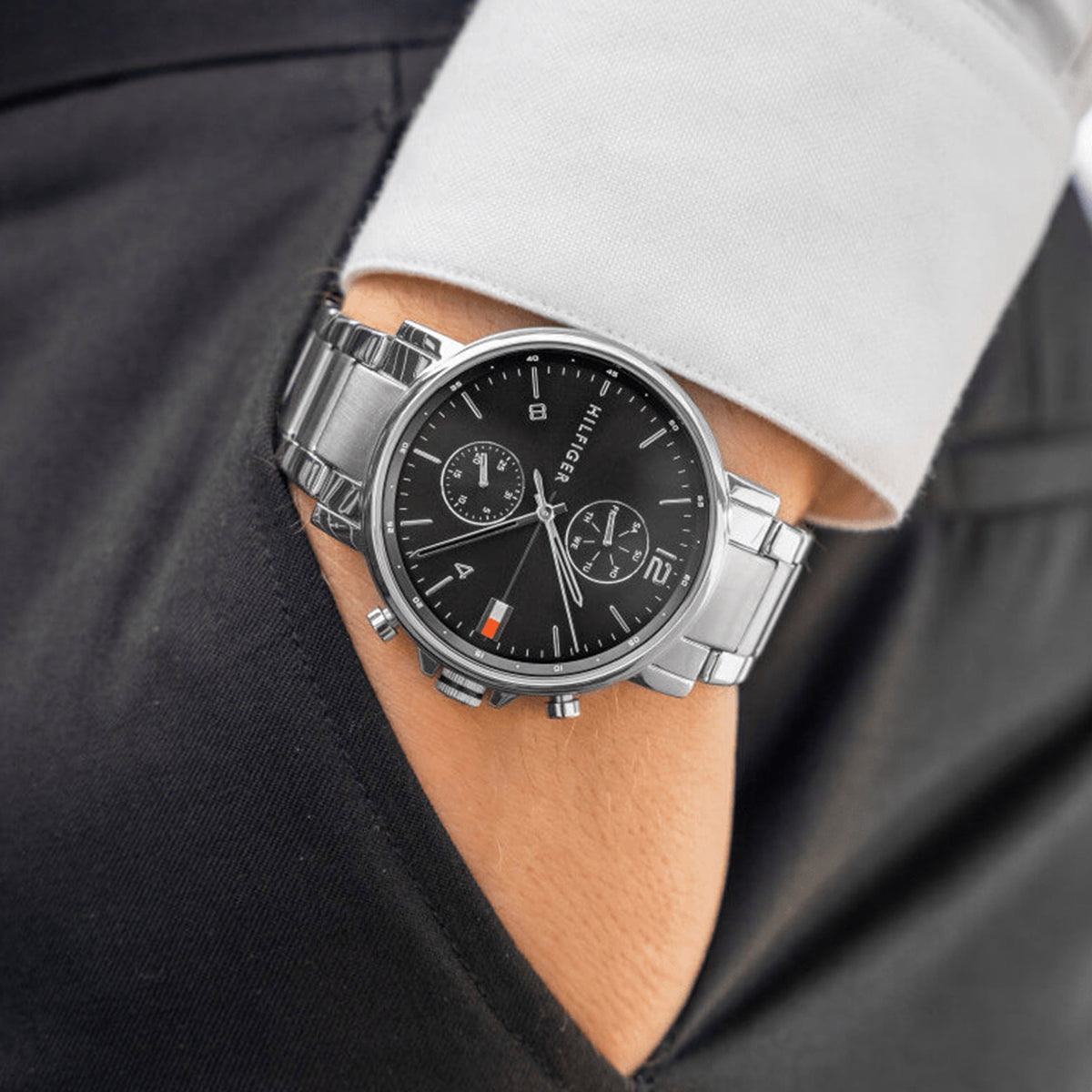  Shop Authentic Tommy Hilfiger Daniel Black Dial Silver Steel Strap Watch for Men - 1710413 - Luxxuri
