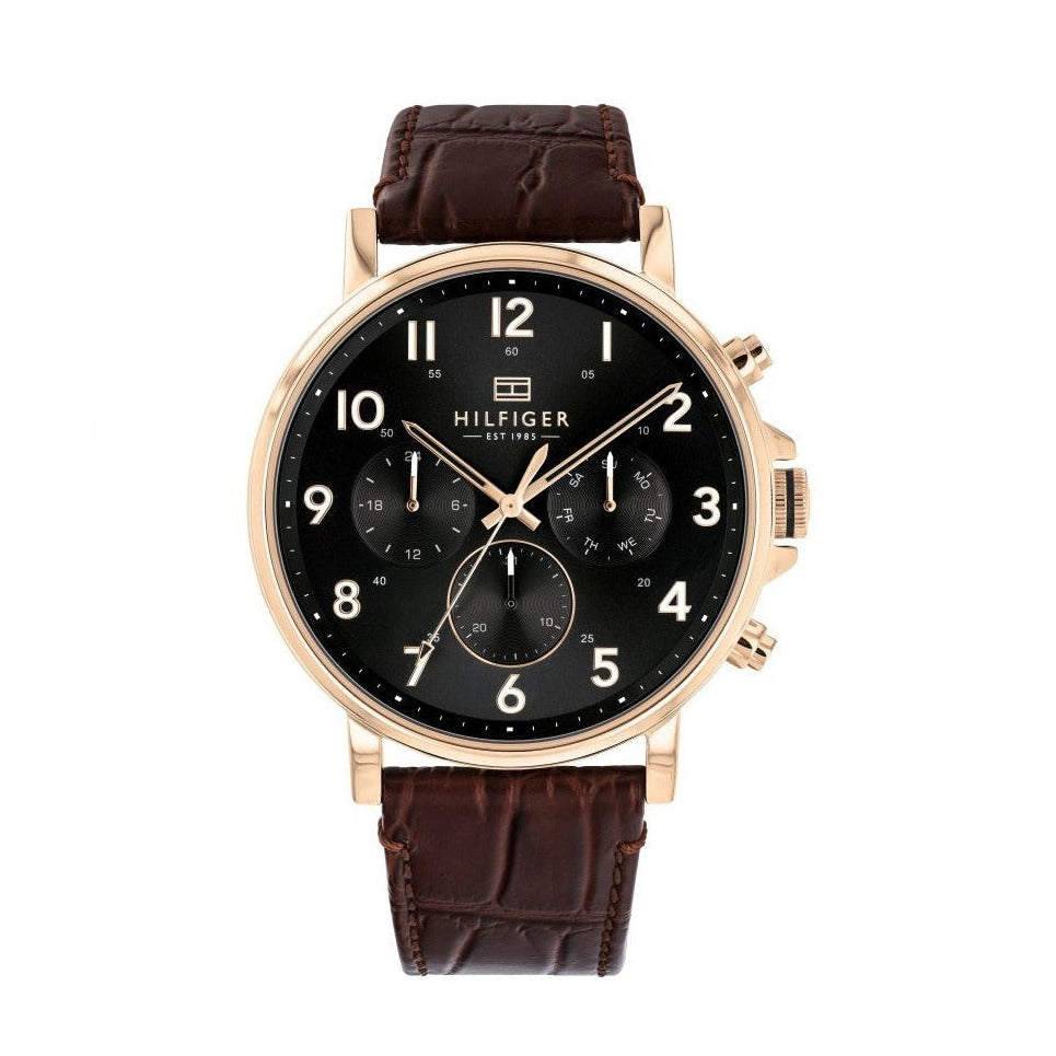  Shop Authentic Tommy Hilfiger Daniel Black Dial Brown Leather Strap Watch for Men - 1710379 - Luxxuri