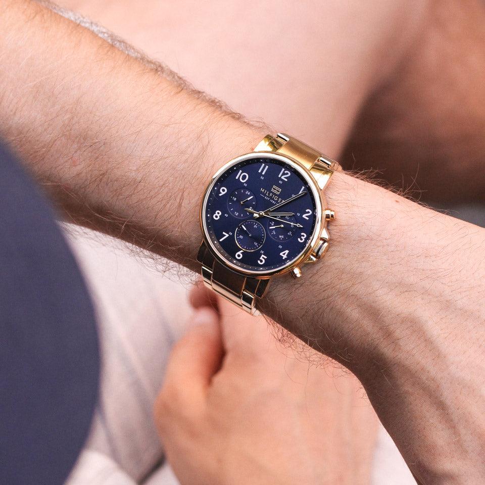  Shop Authentic Tommy Hilfiger Daniel Chronograph Blue Dial Gold Steel Strap Watch for Men - 1710384 - Luxxuri