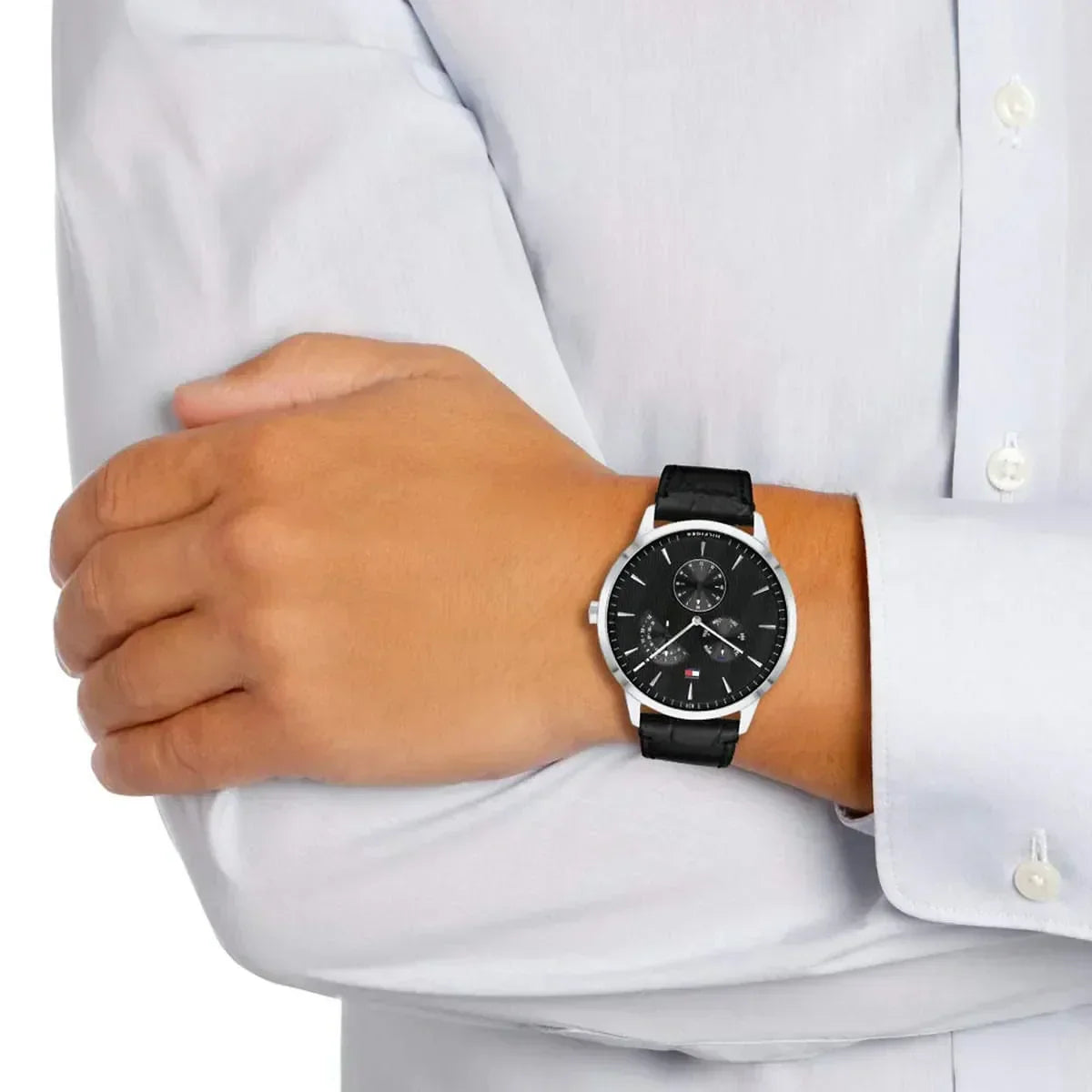  Shop Authentic Tommy Hilfiger Brad Chronograph Black Dial Black Leather Strap Watch For Men - 1710391 - Luxxuri