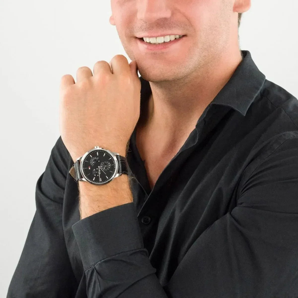  Shop Authentic Tommy Hilfiger Brad Chronograph Black Dial Black Leather Strap Watch For Men - 1710391 - Luxxuri