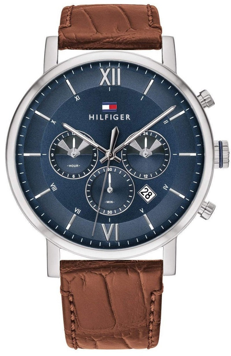  Shop Authentic Tommy Hilfiger Evan Chronograph Blue Dial Brown Leather Strap Watch for Men - 1710393 - Luxxuri