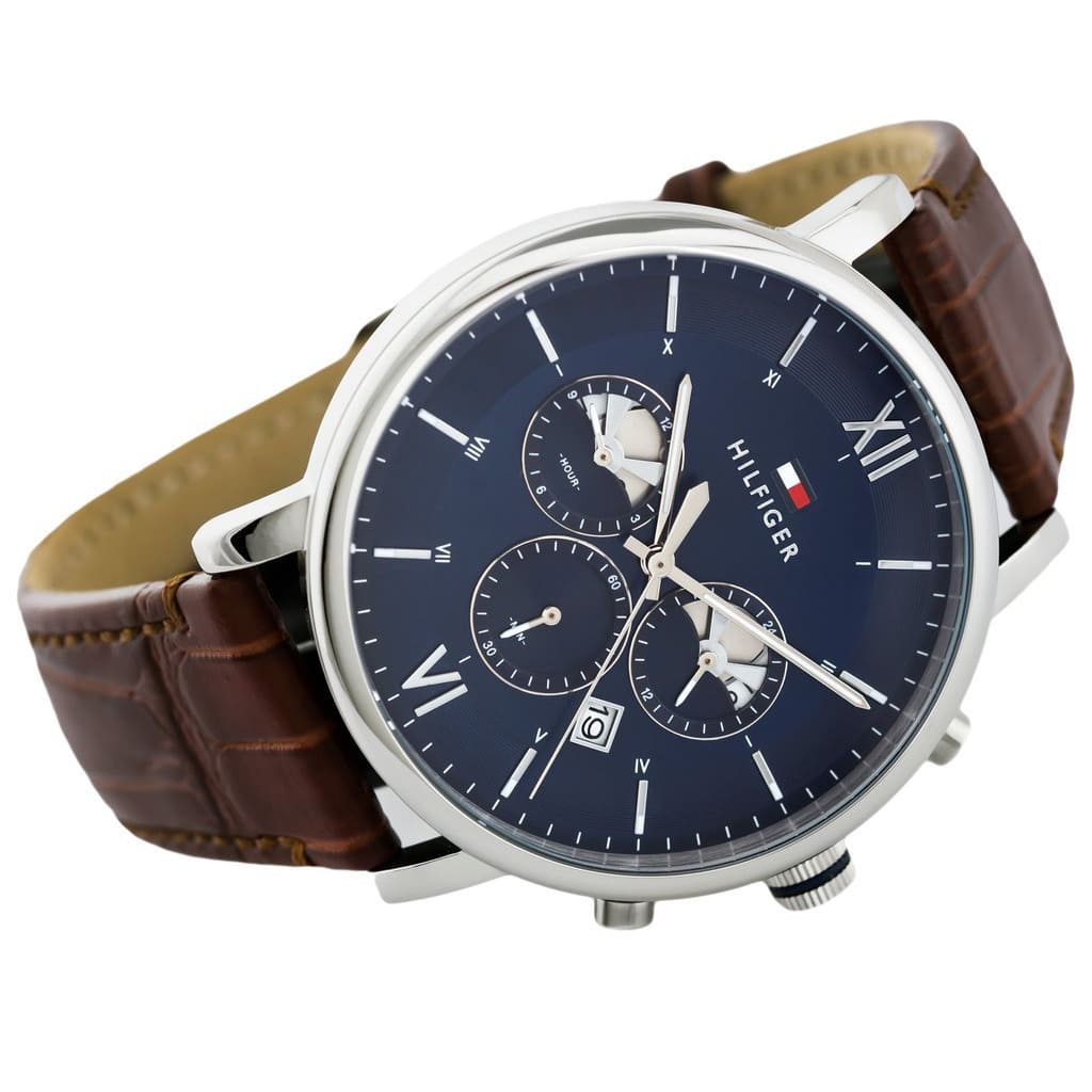  Shop Authentic Tommy Hilfiger Evan Chronograph Blue Dial Brown Leather Strap Watch for Men - 1710393 - Luxxuri