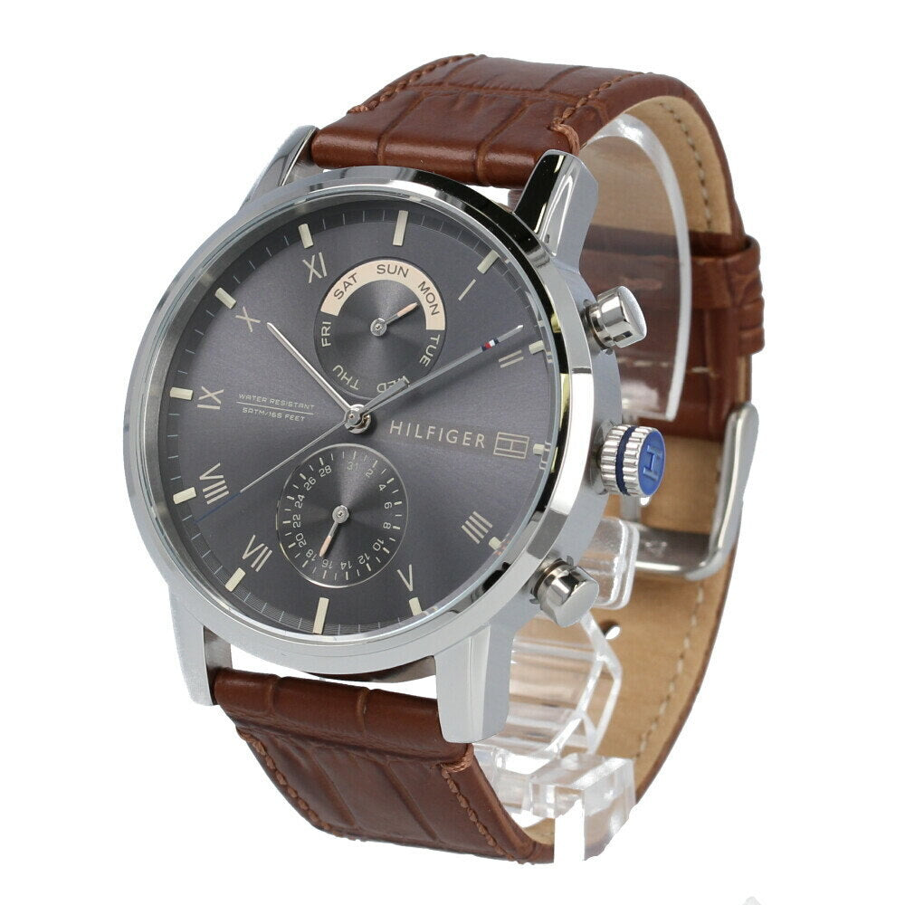  Shop Authentic Tommy Hilfiger Kane Grey Dial Brown Leather Strap Watch for Men - 1710398 - Luxxuri