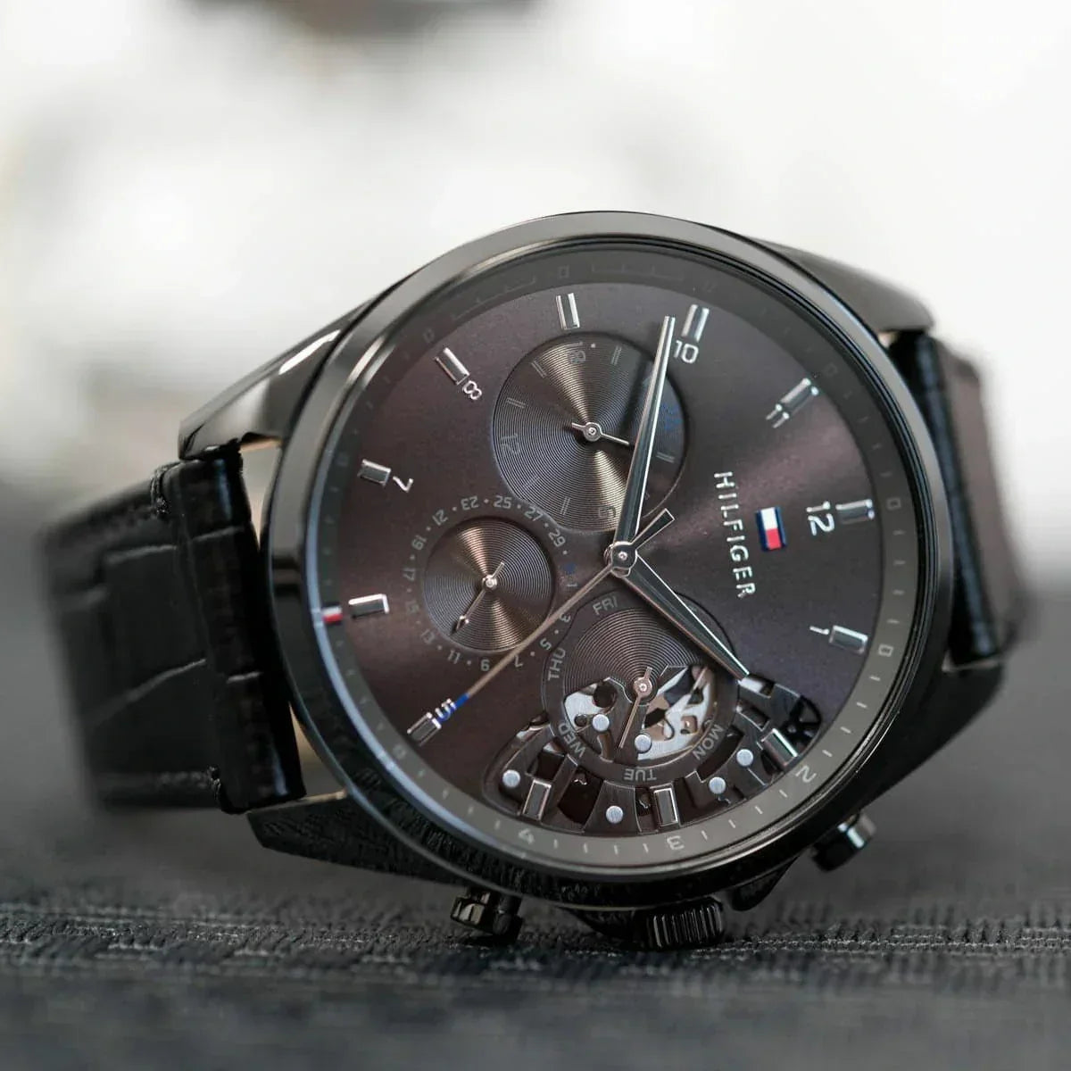  Shop Authentic Tommy Hilfiger Baker Chronograph Black Dial Black Leather Strap Watch For Men  - 1710452 - Luxxuri