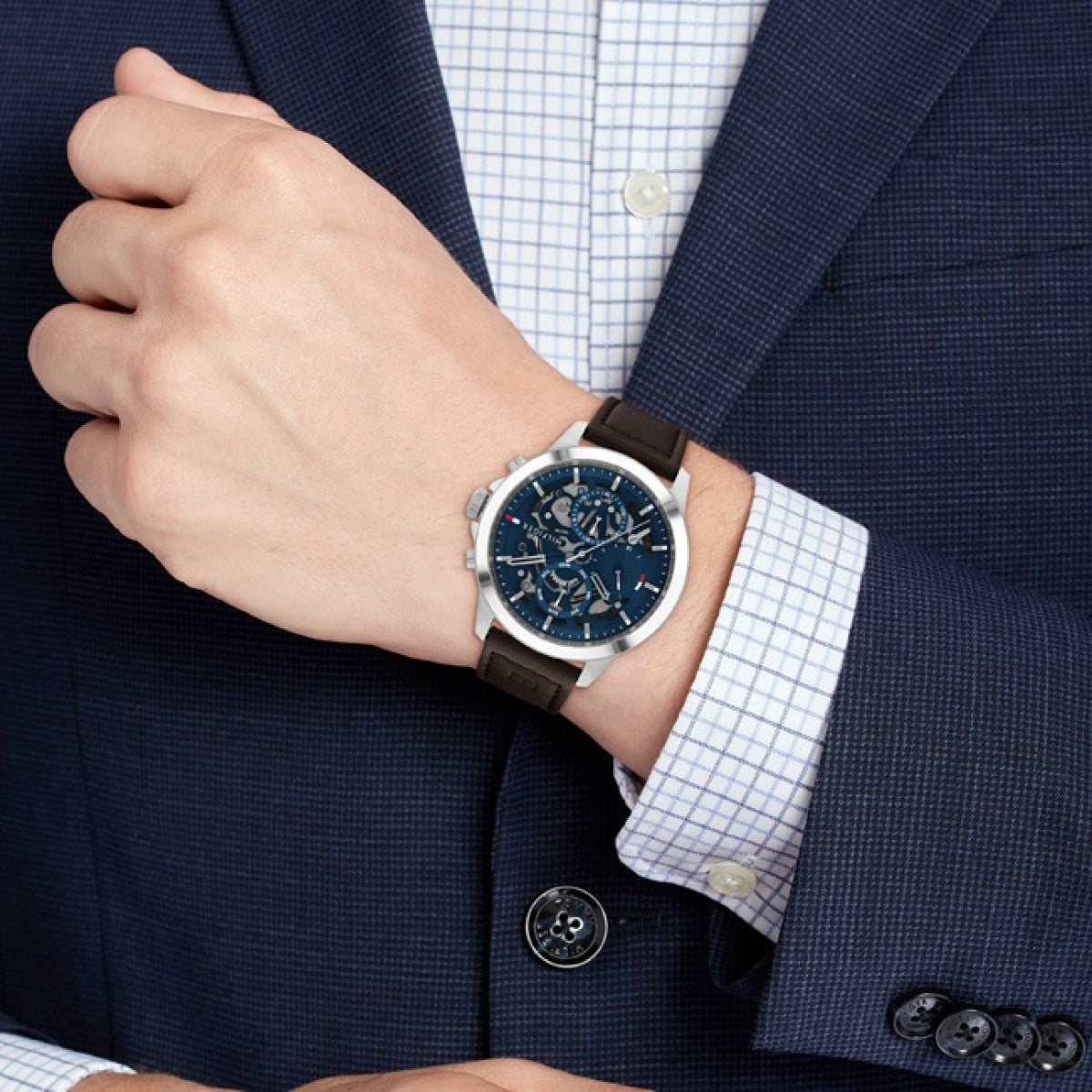  Shop Authentic Tommy Hilfiger Henry Chronograph Blue Dial Brown Leather Strap Watch For Men -1710476 - Luxxuri