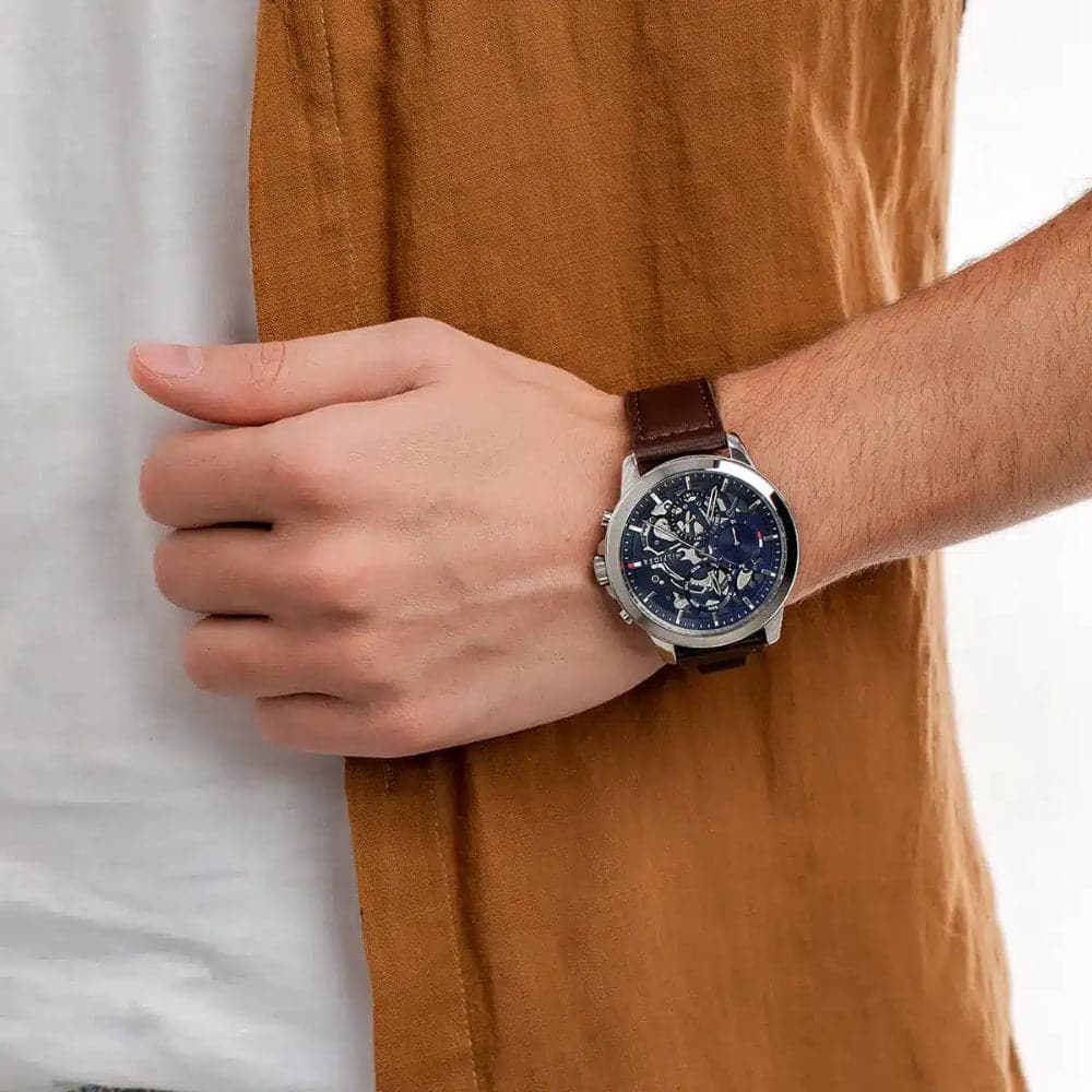  Shop Authentic Tommy Hilfiger Henry Chronograph Blue Dial Brown Leather Strap Watch For Men -1710476 - Luxxuri
