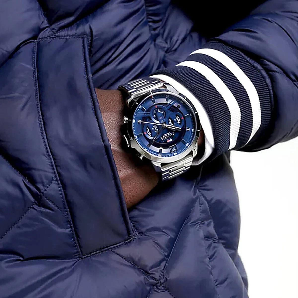  Shop Authentic Tommy Hilfiger Luca Chronograph Blue Dial Silver Steel Strap Watch For Men - 1710492 - Luxxuri