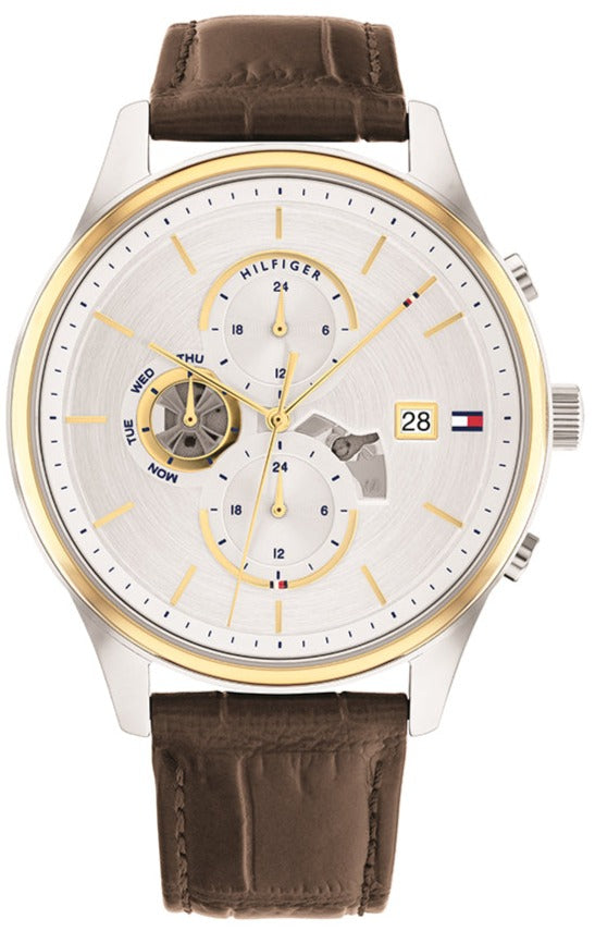  Shop Authentic Tommy Hilfiger Weston Chronograph Silver Dial Brown Leather Strap Watch For Men - 1710501 - Luxxuri