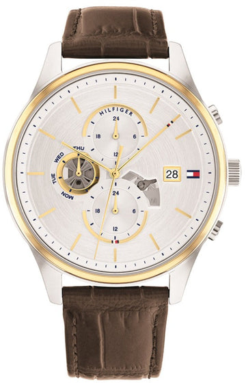  Shop Authentic Tommy Hilfiger Weston Chronograph Silver Dial Brown Leather Strap Watch For Men - 1710501 - Luxxuri