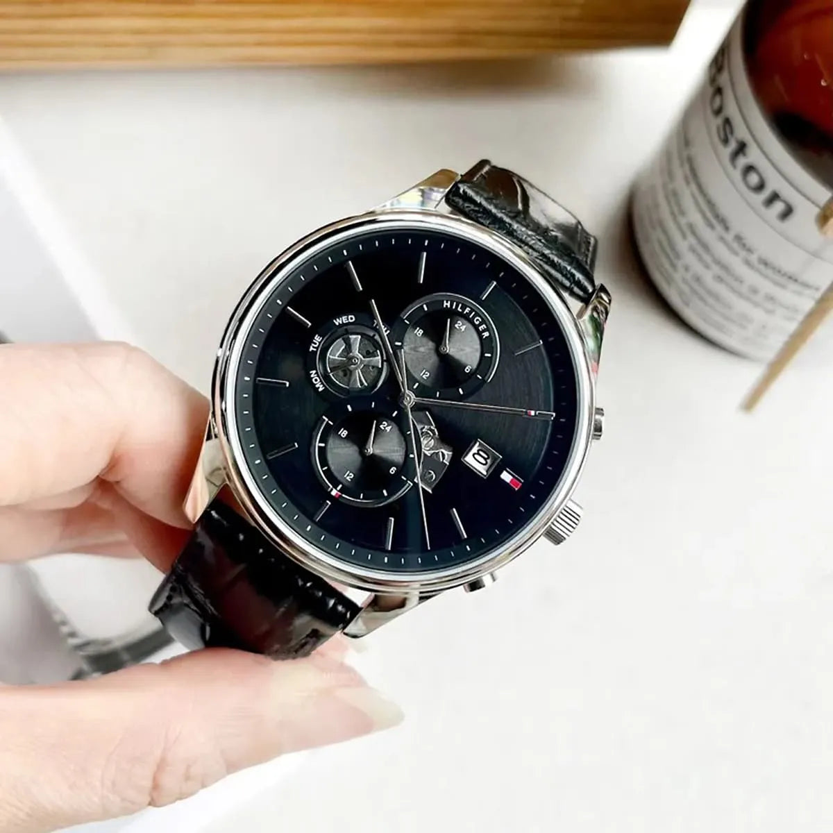  Shop Authentic Tommy Hilfiger Weston Chronograph Black Dial Black Leather Strap Watch For Men - 1710502 - Luxxuri