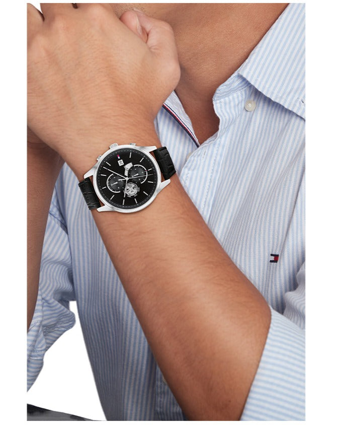  Shop Authentic Tommy Hilfiger Weston Chronograph Black Dial Black Leather Strap Watch For Men - 1710502 - Luxxuri