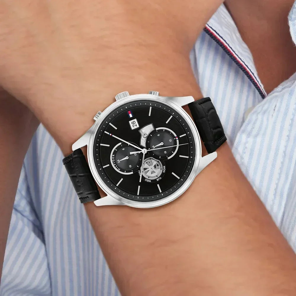  Shop Authentic Tommy Hilfiger Weston Chronograph Black Dial Black Leather Strap Watch For Men - 1710502 - Luxxuri