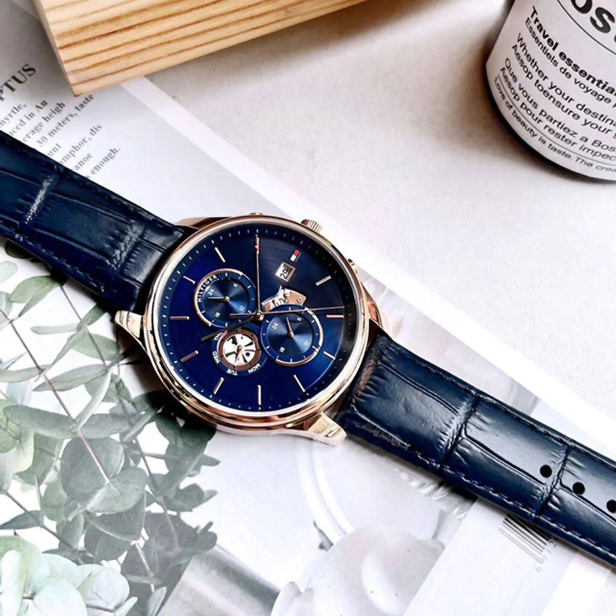  Shop Authentic Tommy Hilfiger Weston Chronograph Blue Dial Blue Leather Strap Watch For Men - 1710503 - Luxxuri