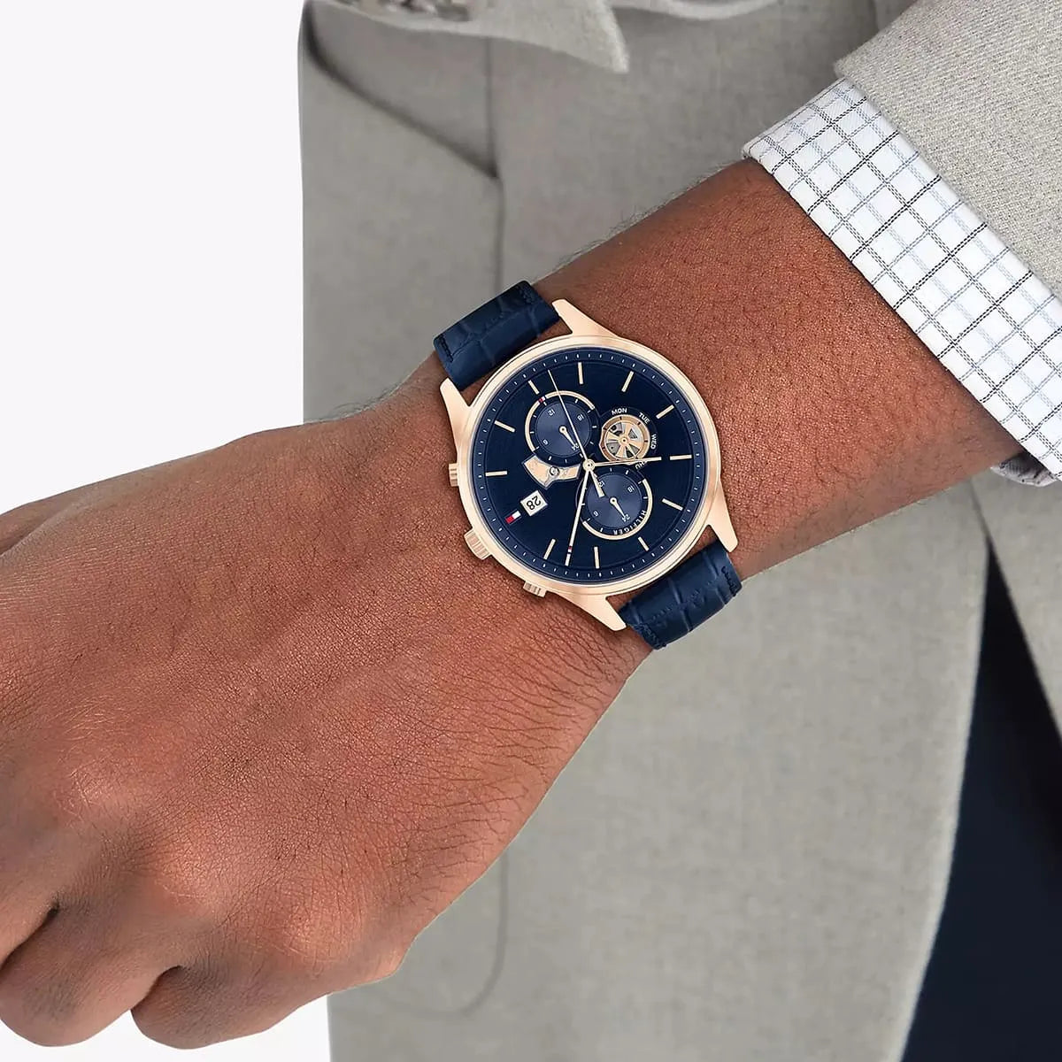  Shop Authentic Tommy Hilfiger Weston Chronograph Blue Dial Blue Leather Strap Watch For Men - 1710503 - Luxxuri