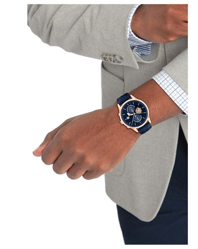  Shop Authentic Tommy Hilfiger Weston Chronograph Blue Dial Blue Leather Strap Watch For Men - 1710503 - Luxxuri