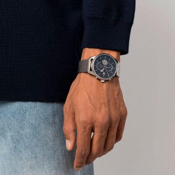  Shop Authentic Tommy Hilfiger Weston Chronograph Blue Dial Silver Mesh Bracelet Watch For Men - 1710504 - Luxxuri