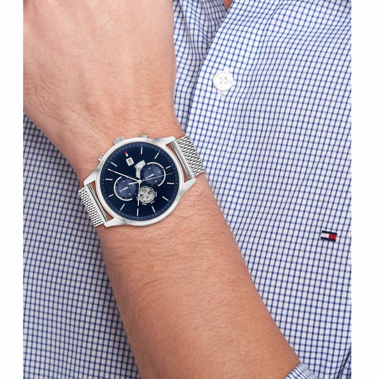  Shop Authentic Tommy Hilfiger Weston Chronograph Blue Dial Silver Mesh Bracelet Watch For Men - 1710504 - Luxxuri