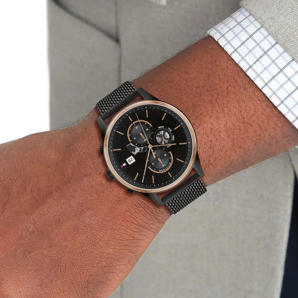  Shop Authentic Tommy Hilfiger Weston Chronograph Black Dial Black Mesh Bracelet Watch For Men - 1710505 - Luxxuri